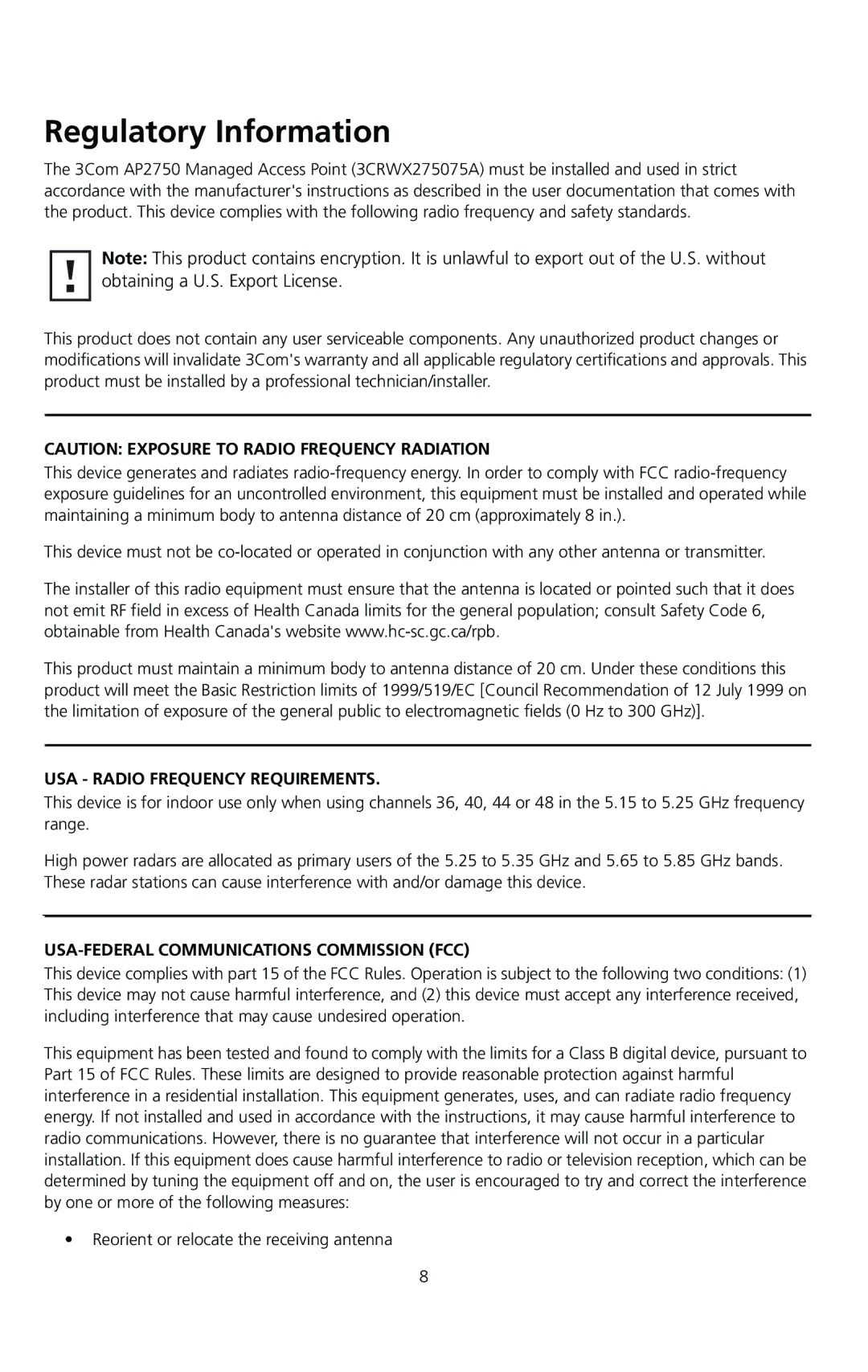 3Com AP2750 quick start Regulatory Information, USA Radio Frequency Requirements, USA-FEDERAL Communications Commission FCC 