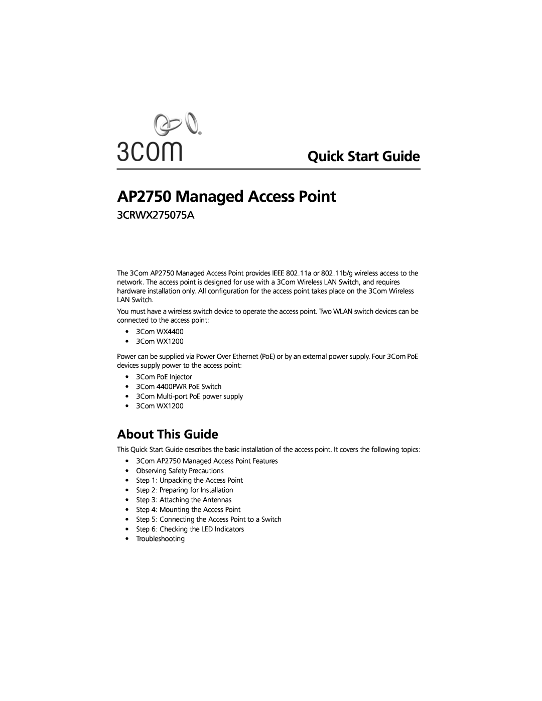3Com quick start About This Guide, AP2750 Managed Access Point, Quick Start Guide, 3CRWX275075A 