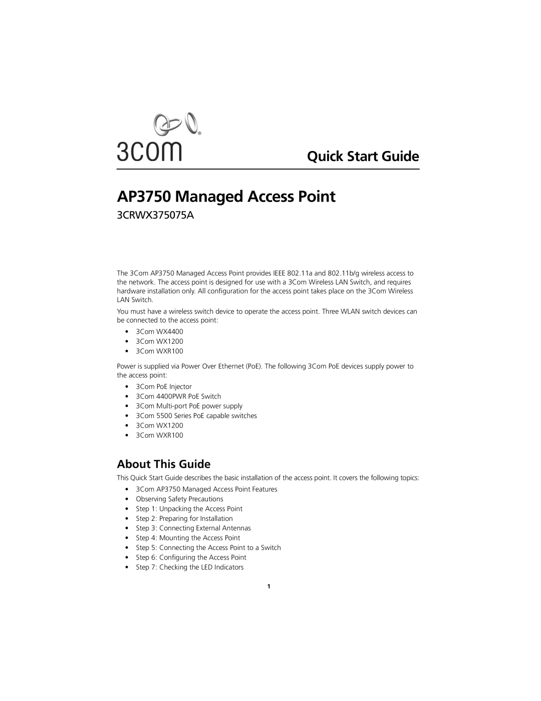 3Com quick start AP3750 Managed Access Point, About This Guide 