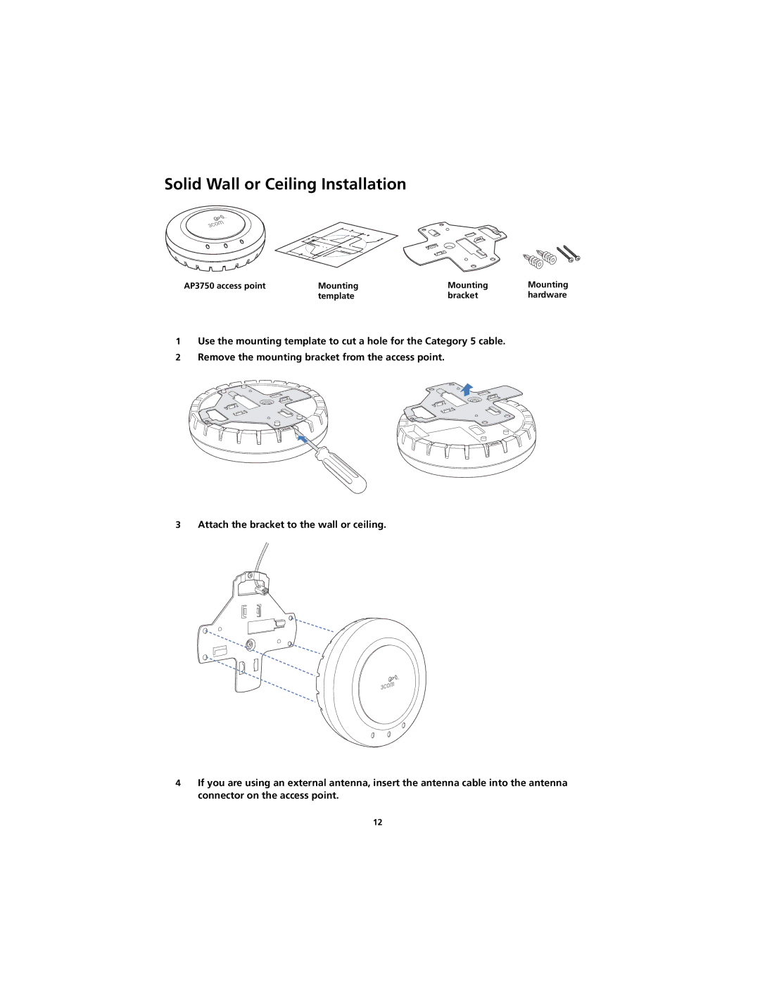 3Com AP3750 quick start Solid Wall or Ceiling Installation, Point Template template Bracket bracket 