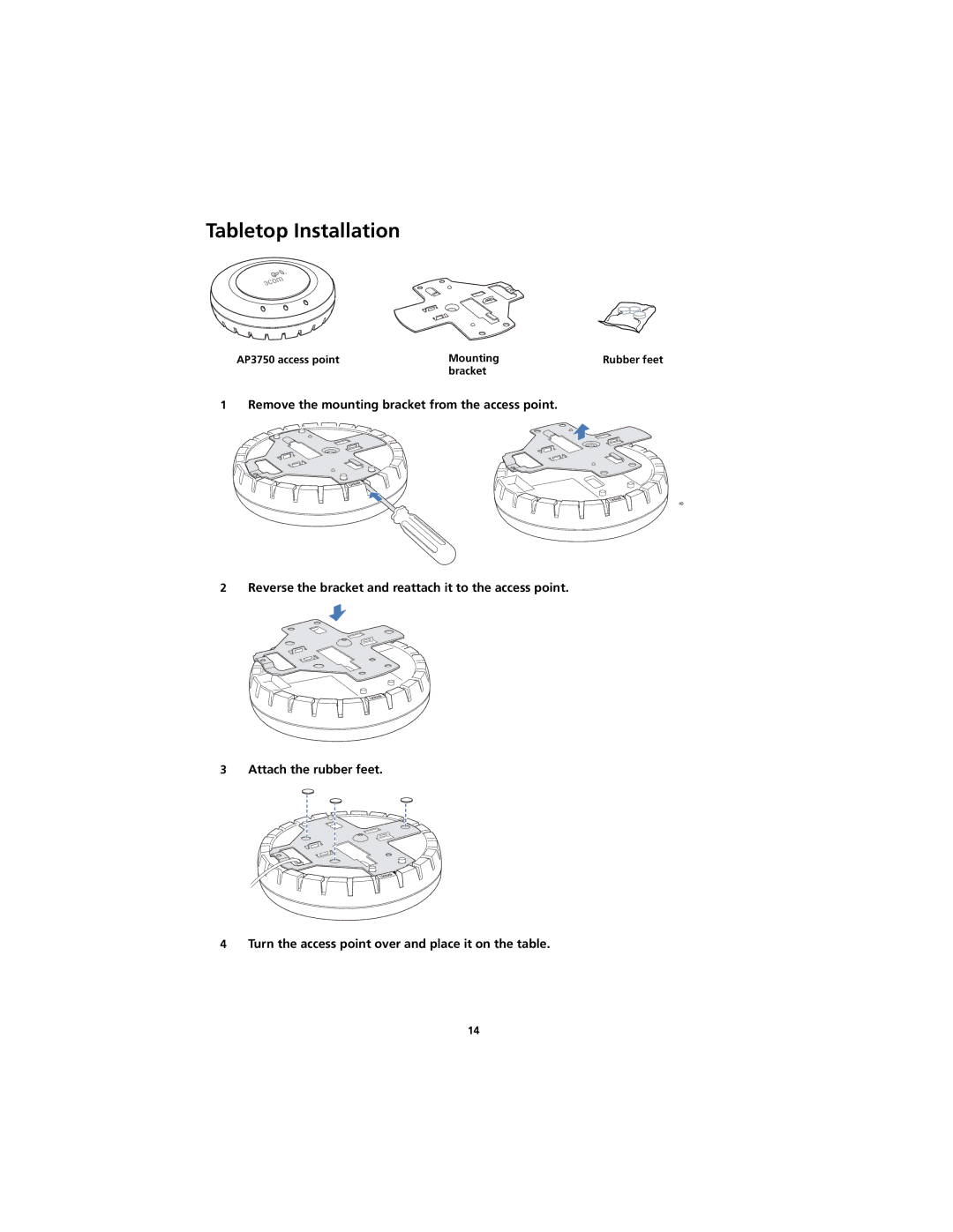 3Com AP3750 quick start Tabletop Installation, Point Bracket bracket 