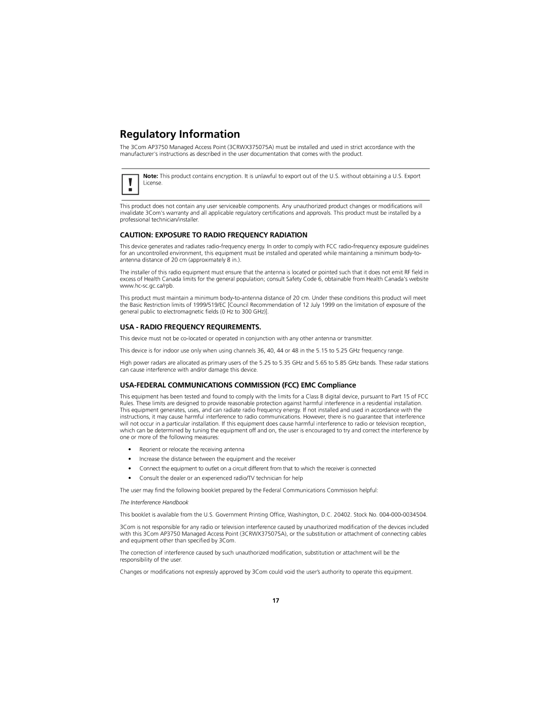 3Com AP3750 quick start Regulatory Information, USA-FEDERAL Communications Commission FCC EMC Compliance 