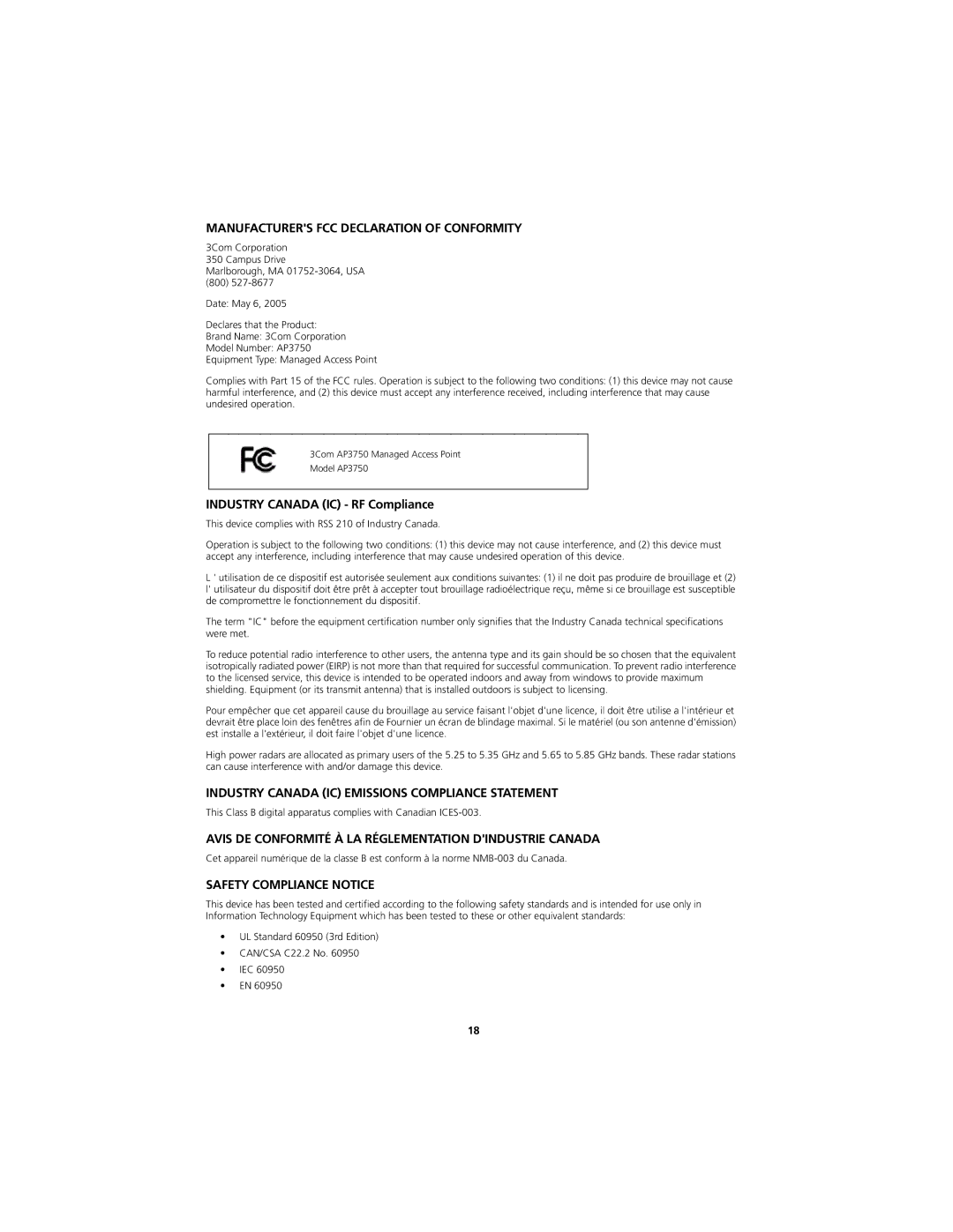 3Com AP3750 quick start Manufacturers FCC Declaration of Conformity, Industry Canada IC RF Compliance 