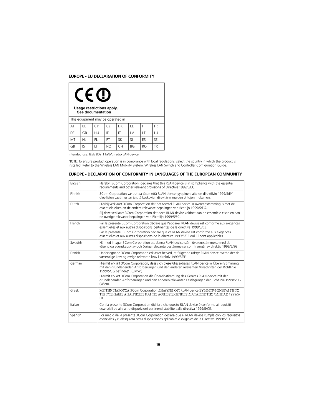 3Com AP3750 quick start Europe EU Declaration of Conformity 