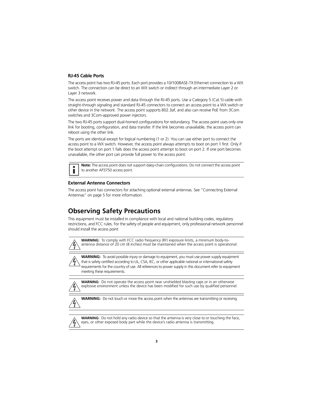 3Com AP3750 quick start Observing Safety Precautions, RJ-45 Cable Ports 