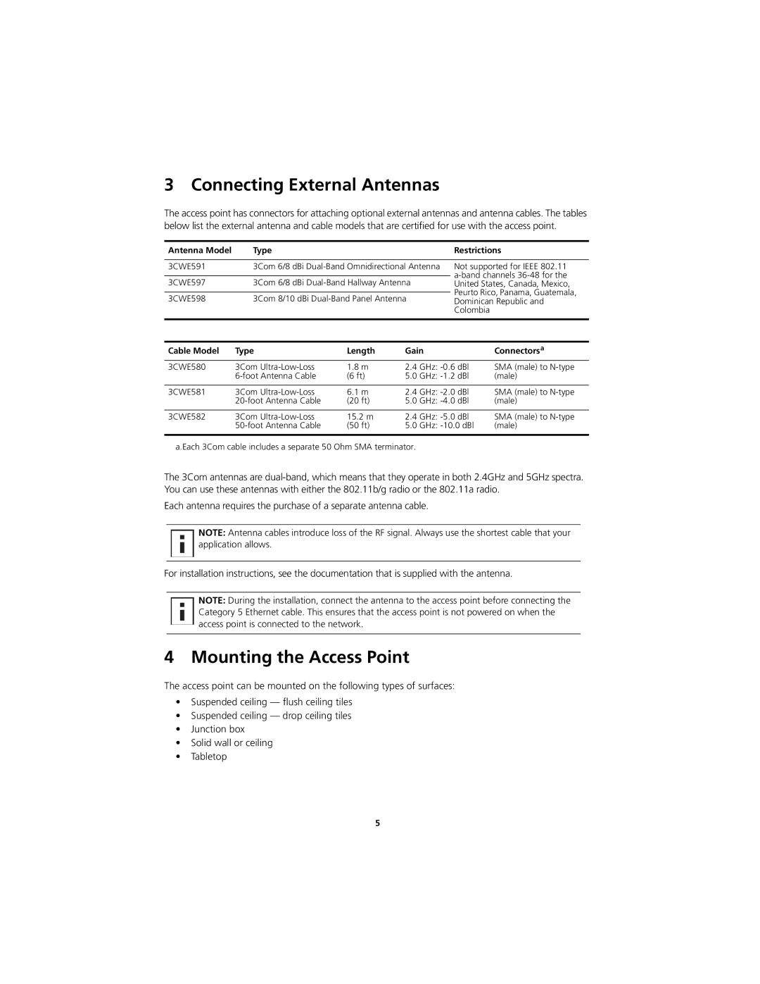 3Com AP3750 quick start Connecting External Antennas, Mounting the Access Point 