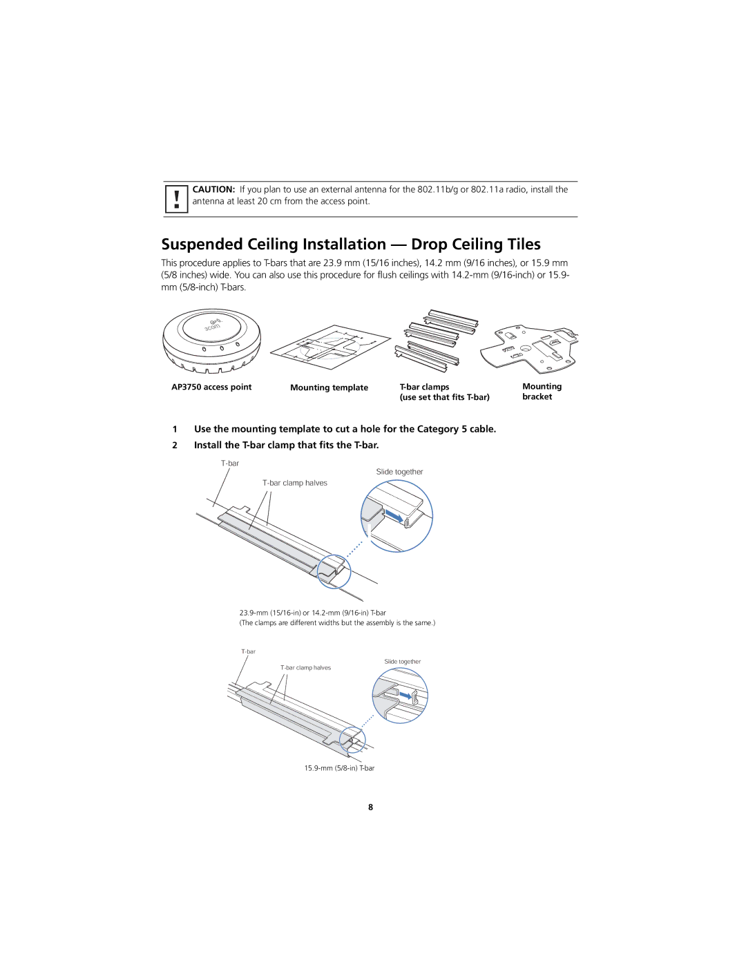 3Com AP3750 quick start Suspended Ceiling Installation Drop Ceiling Tiles, Bar Slide together Bar clamp halves 