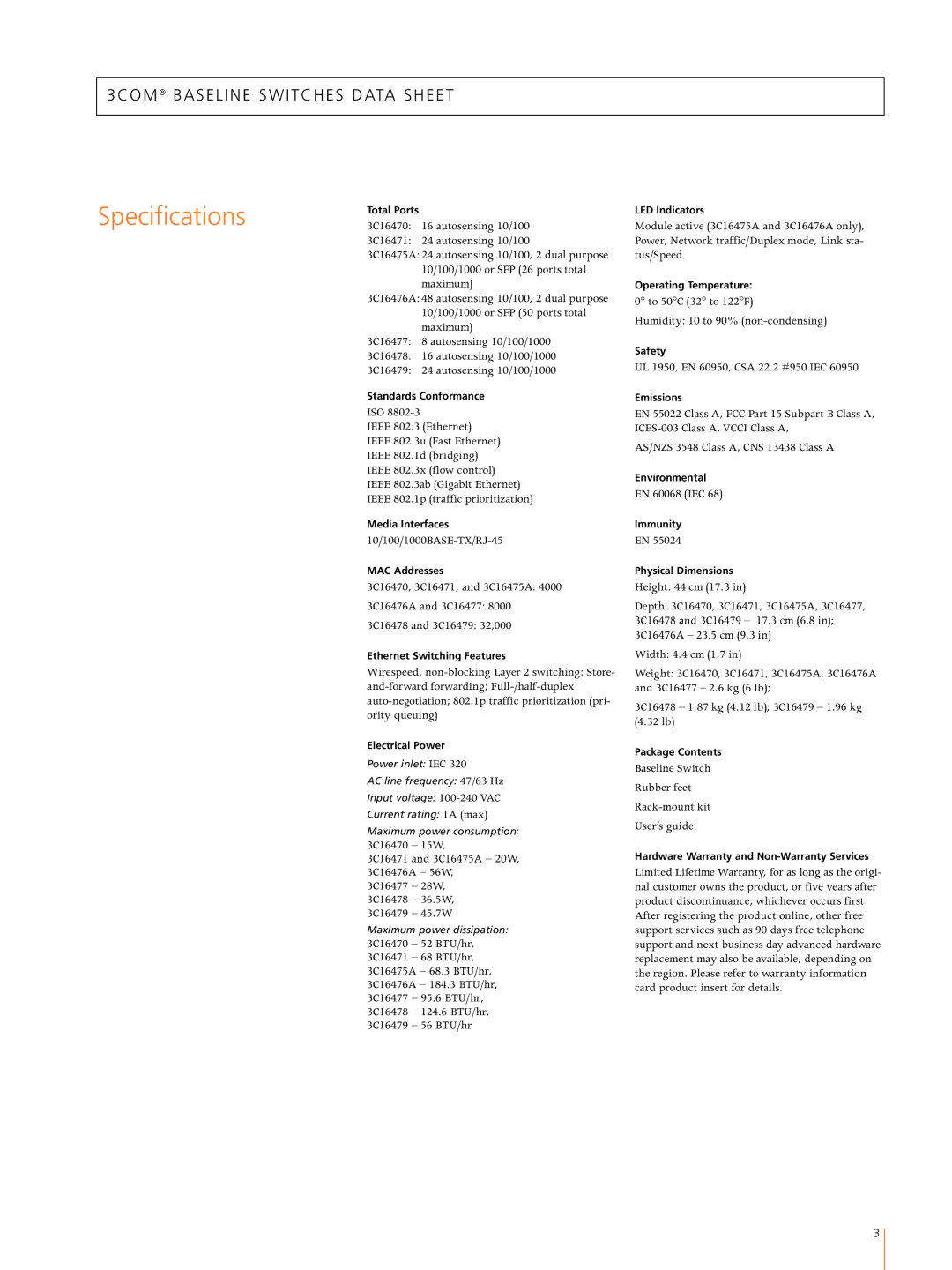 3Com Baseline Switch warranty Specifications, Electrical Power 