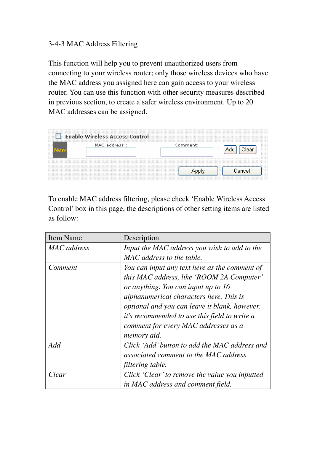 3Com BR-6574N manual Associated comment to the MAC address 