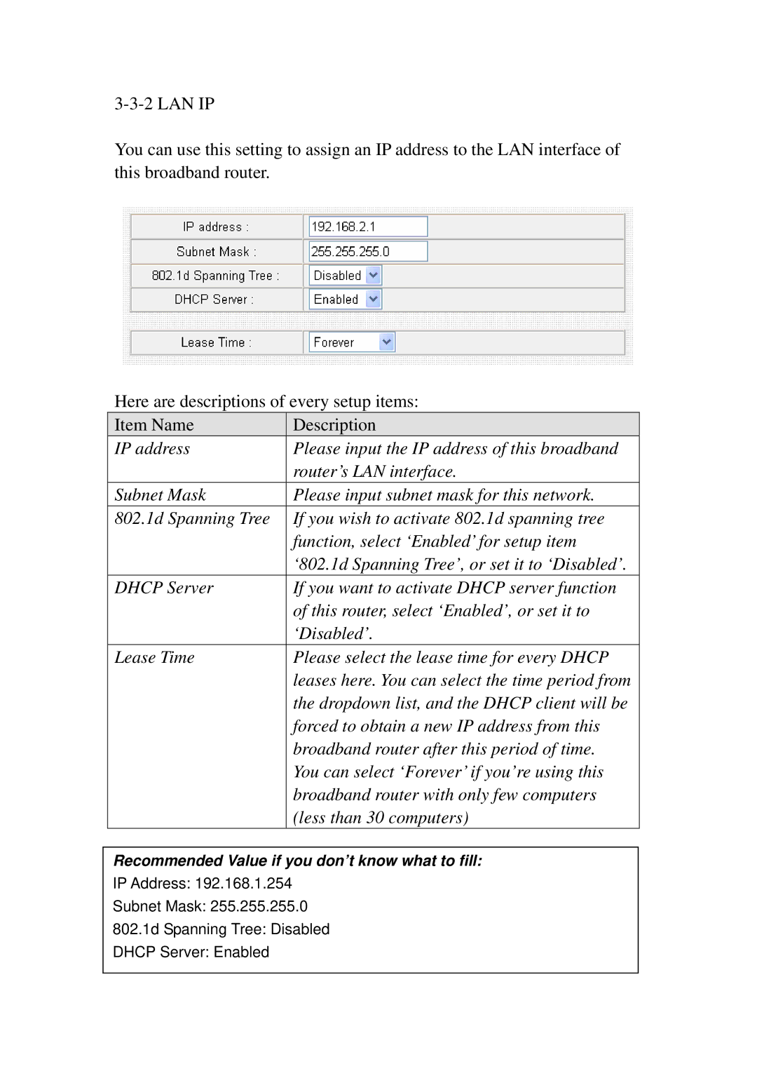 3Com BR-6574N manual Recommended Value if you don’t know what to fill 