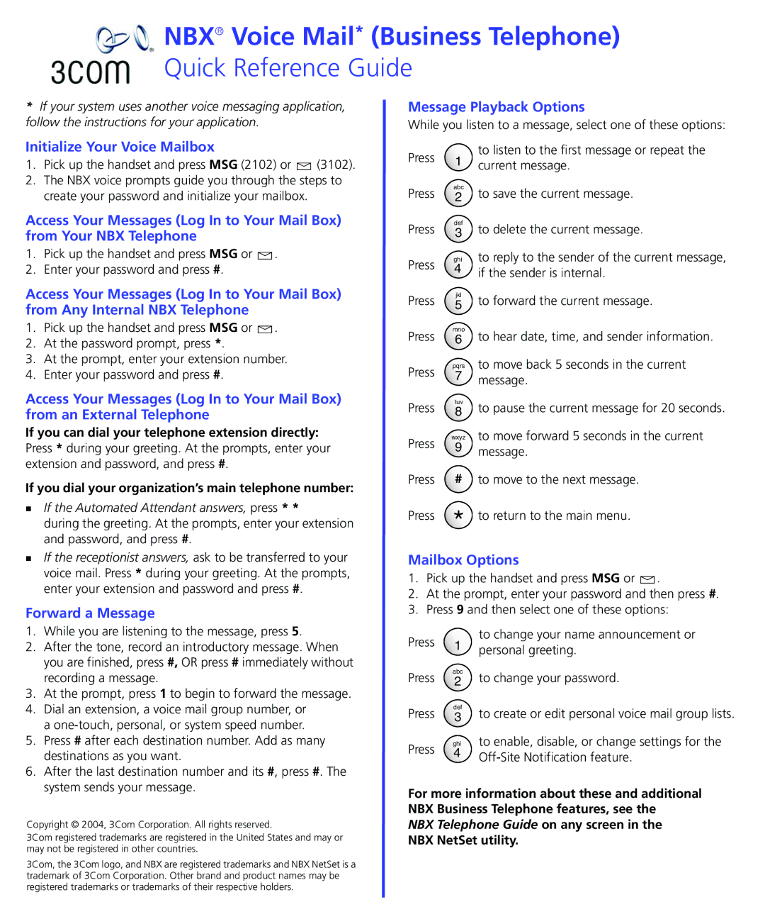 3Com Business Telephone manual Initialize Your Voice Mailbox, Forward a Message, Message Playback Options, Mailbox Options 