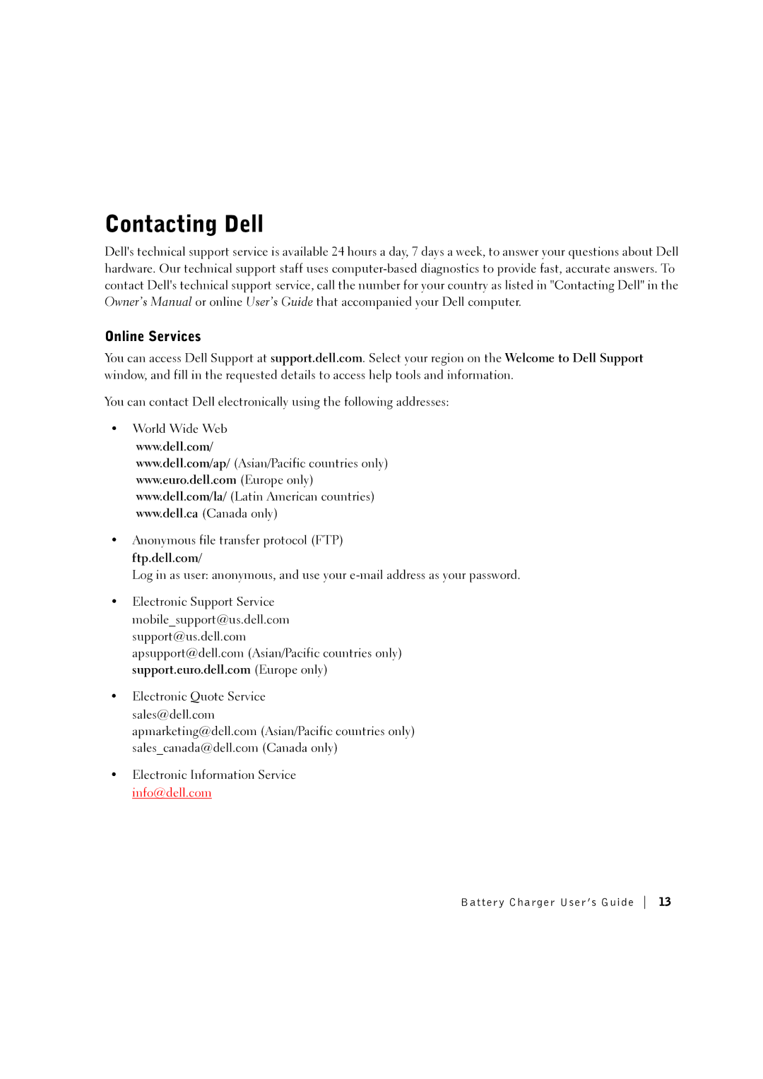 3Com CHRG01L manual Contacting Dell, Online Services 