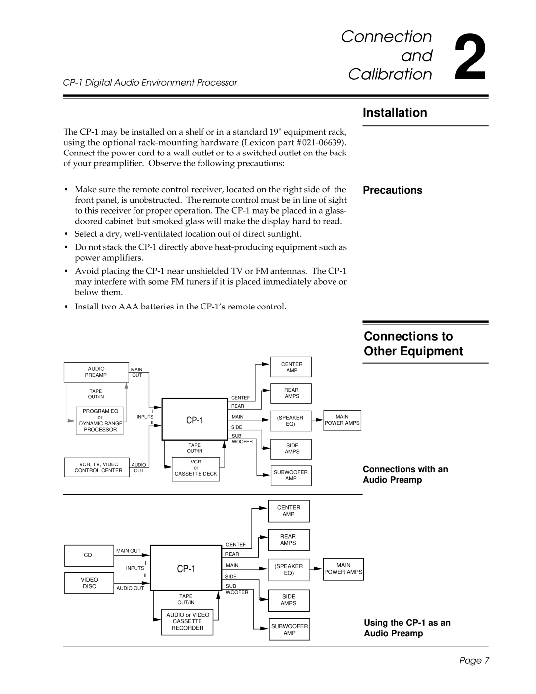 3Com CP-1 owner manual Connection Calibration, Installation, Connections to Other Equipment, Precautions 