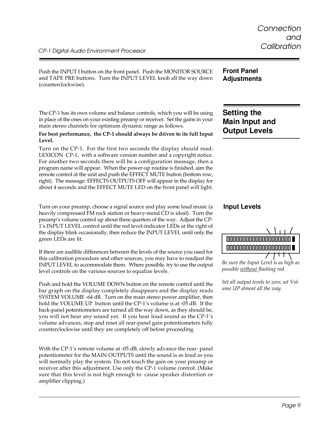 3Com CP-1 owner manual Connection Calibration, Setting Main Input Output Levels, Front Panel Adjustments, Input Levels 