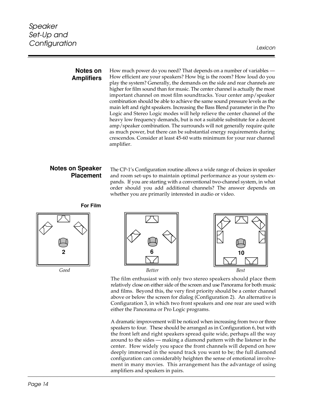 3Com CP-1 owner manual Speaker Set-Up Configuration, For Film 