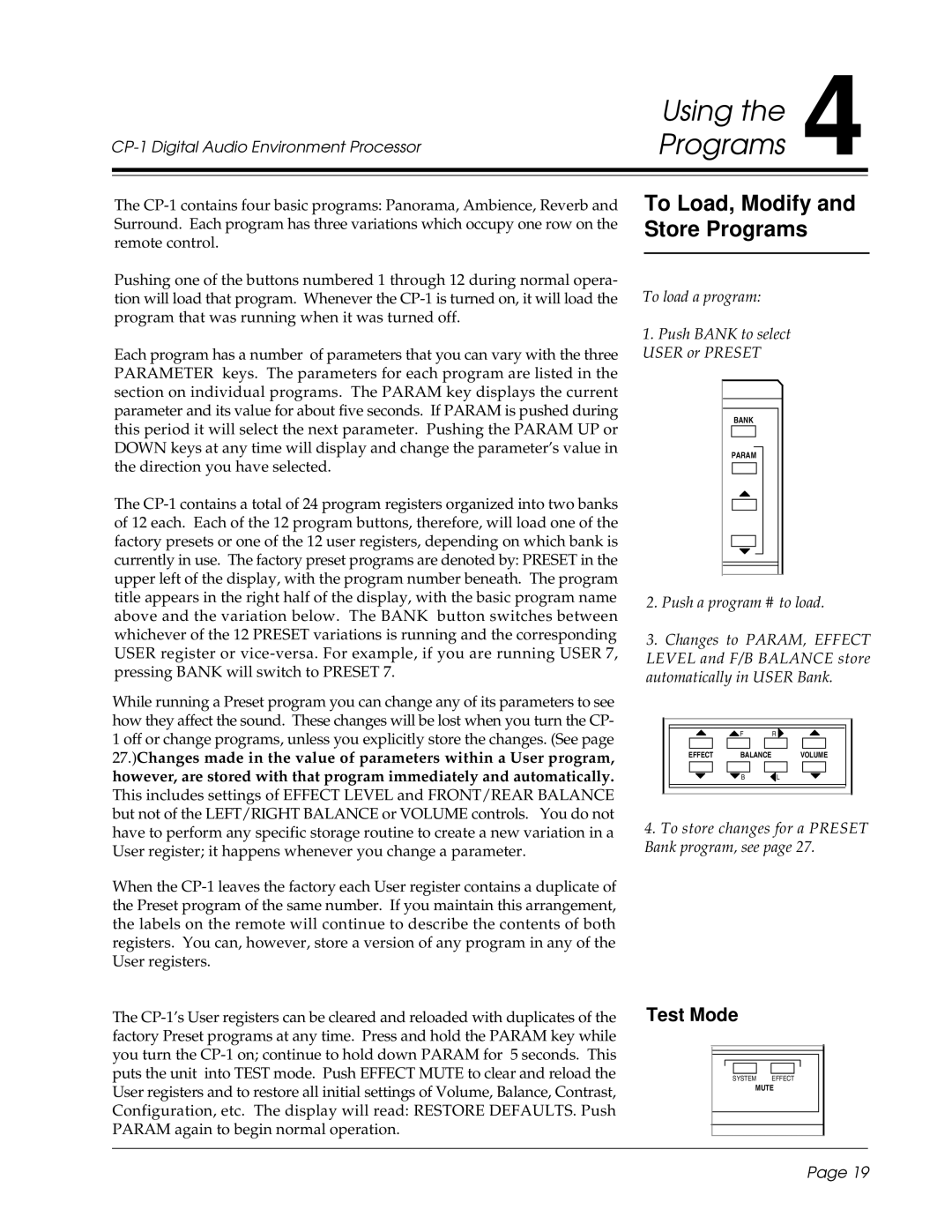 3Com CP-1 owner manual Using the 4 Programs, To Load, Modify and Store Programs, Test Mode 