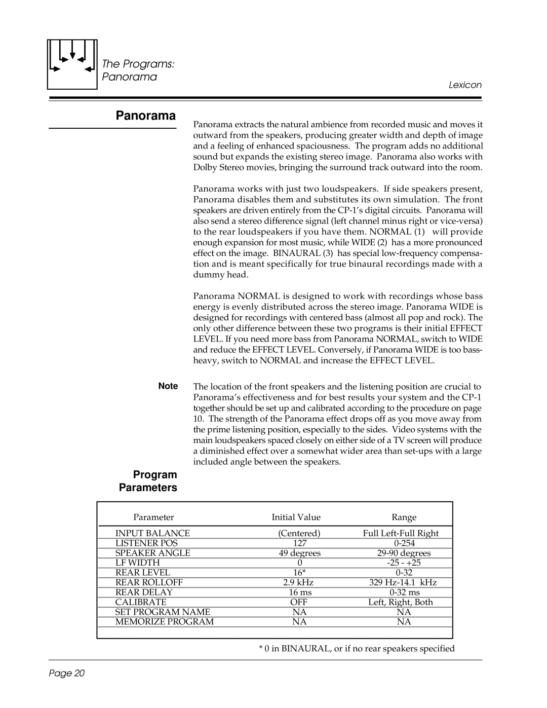 3Com CP-1 owner manual Panorama, Program Parameters 