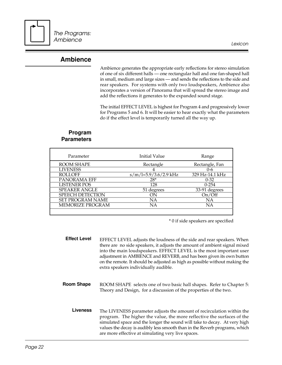 3Com CP-1 owner manual Ambience, Room Shape Liveness 