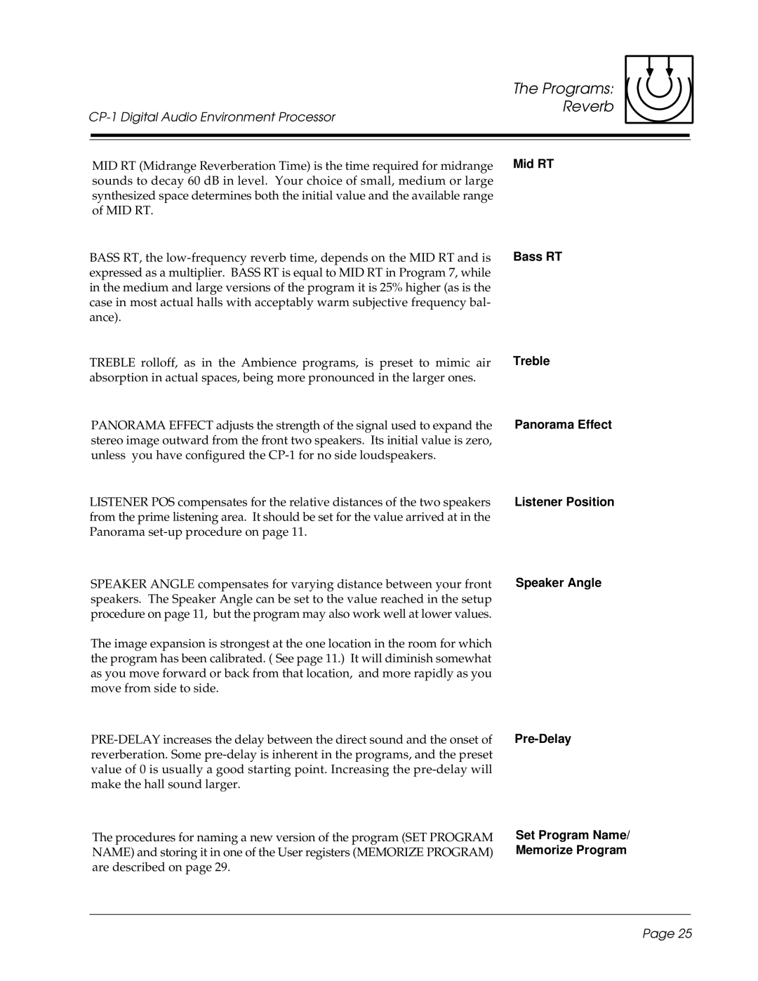 3Com CP-1 owner manual Mid RT, Bass RT, Treble, Pre-Delay, Set Program Name, Memorize Program 