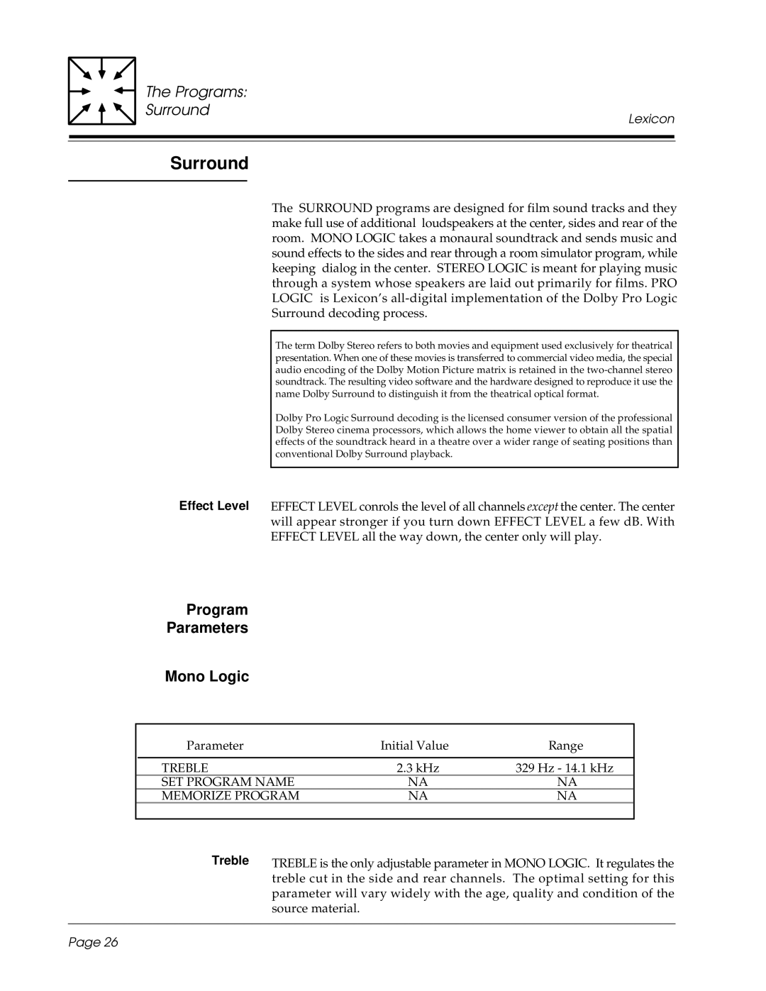 3Com CP-1 owner manual Surround, Program Parameters Mono Logic 