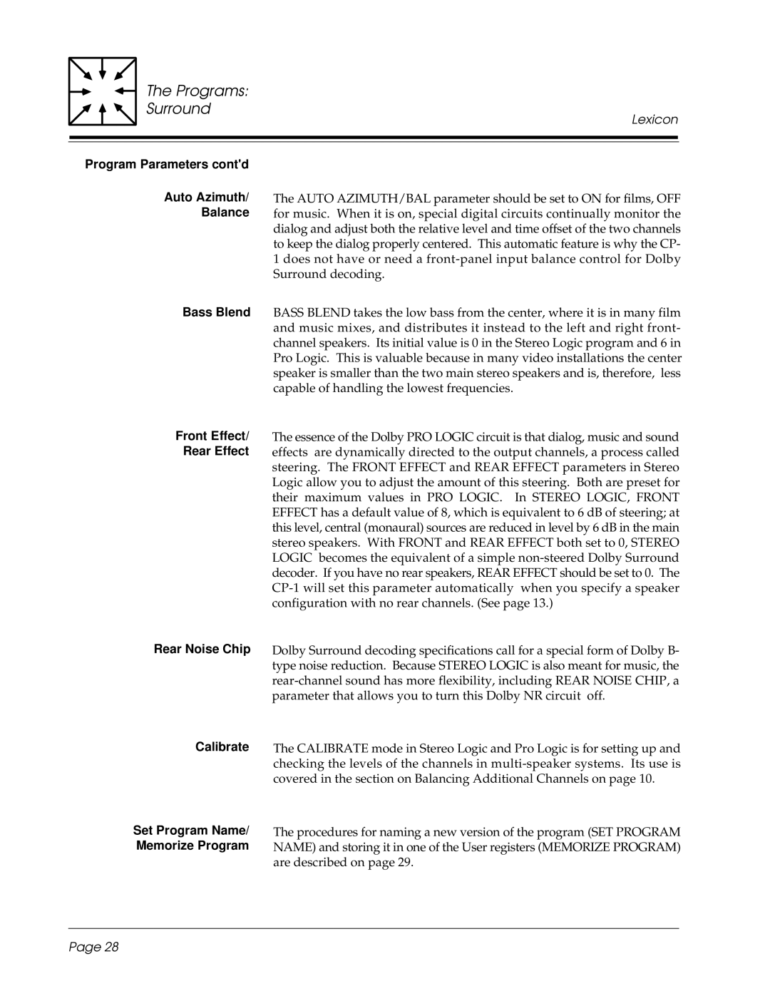 3Com CP-1 owner manual Program Parameters contd Auto Azimuth, Balance, Bass Blend, Rear Effect, Rear Noise Chip, Calibrate 