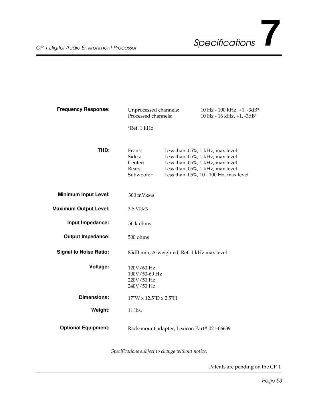 3Com CP-1 owner manual Specifications, Frequency Response, Optional Equipment 