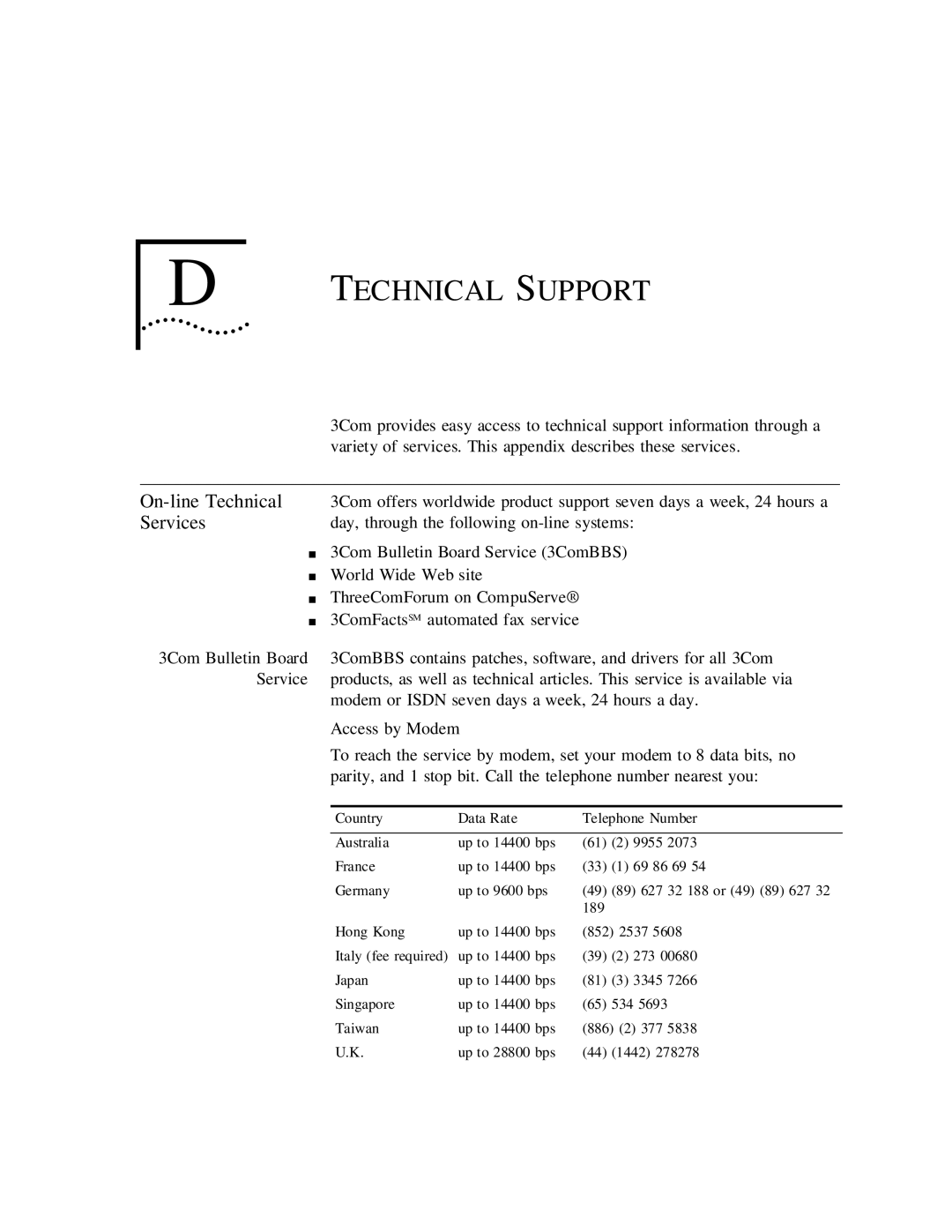 3Com CS/2500 manual Technical Support, On-line Technical, Services, Day, through the following on-line systems 