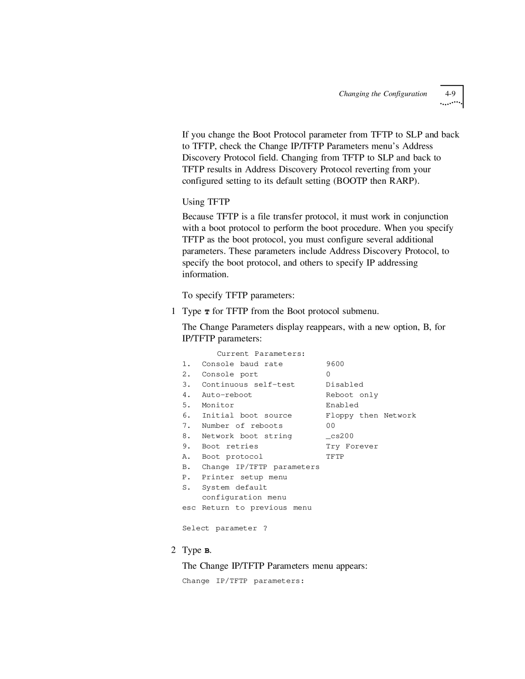 3Com CS/2500 manual Type B Change IP/TFTP Parameters menu appears, Tftp 