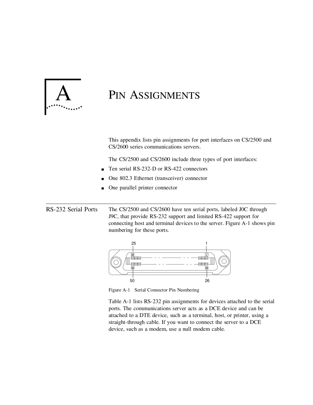 3Com CS/2500 manual PIN Assignments, Figure A-1 Serial Connector Pin Numbering 