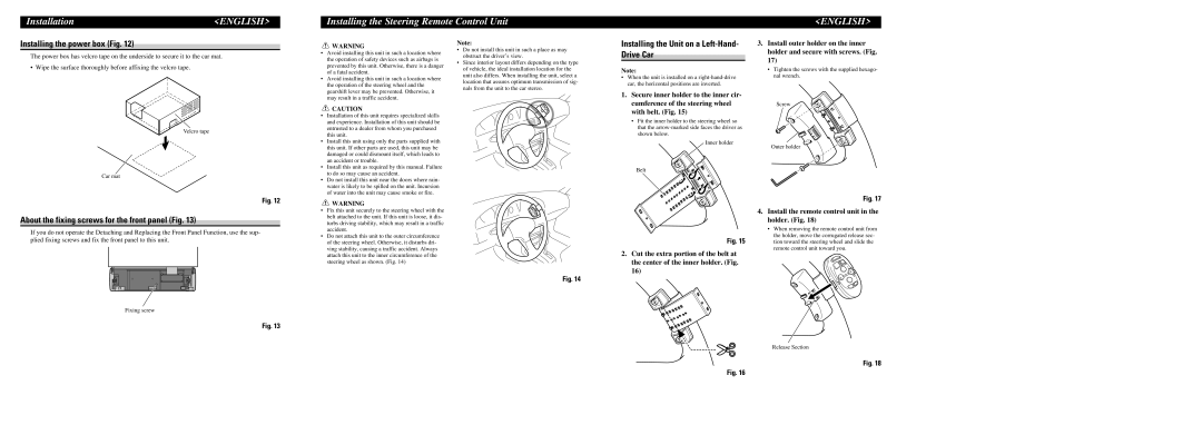 3Com DEH-P90HDD installation manual Installing the power box Fig, About the fixing screws for the front panel Fig 