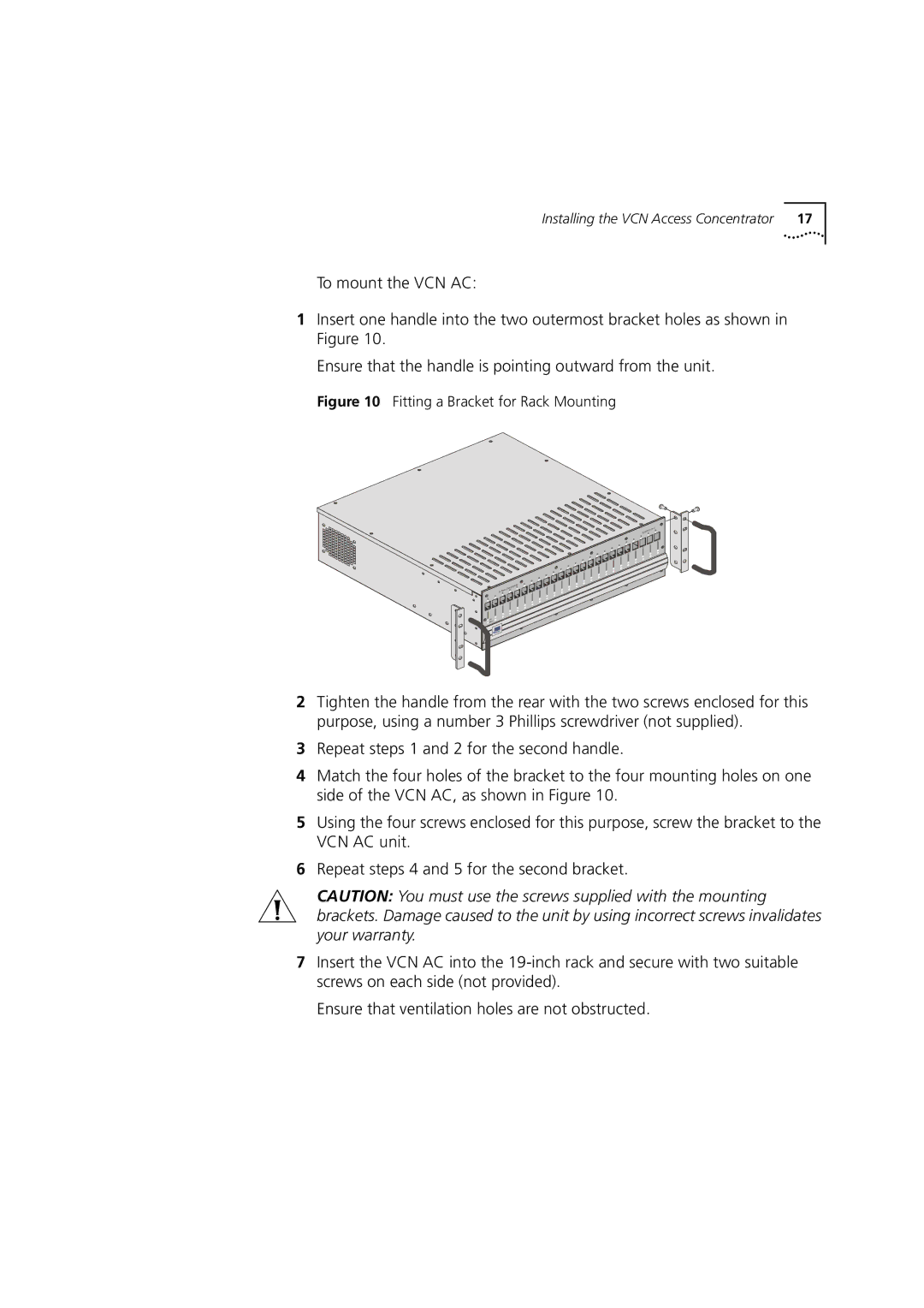 3Com DIA3CV1100-02 manual Fitting a Bracket for Rack Mounting 