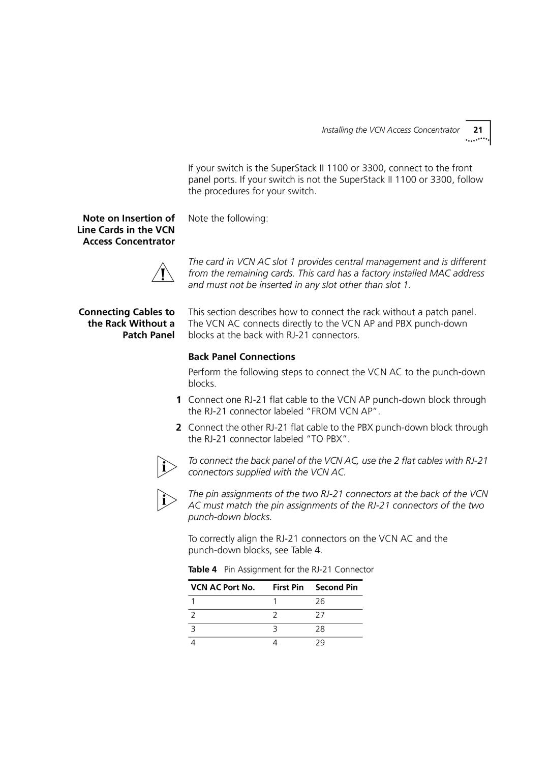 3Com DIA3CV1100-02 manual Line Cards in the VCN Access Concentrator, Pin Assignment for the RJ-21 Connector 