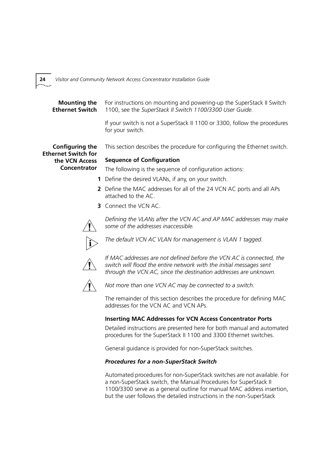 3Com DIA3CV1100-02 manual Sequence of Configuration, Inserting MAC Addresses for VCN Access Concentrator Ports 