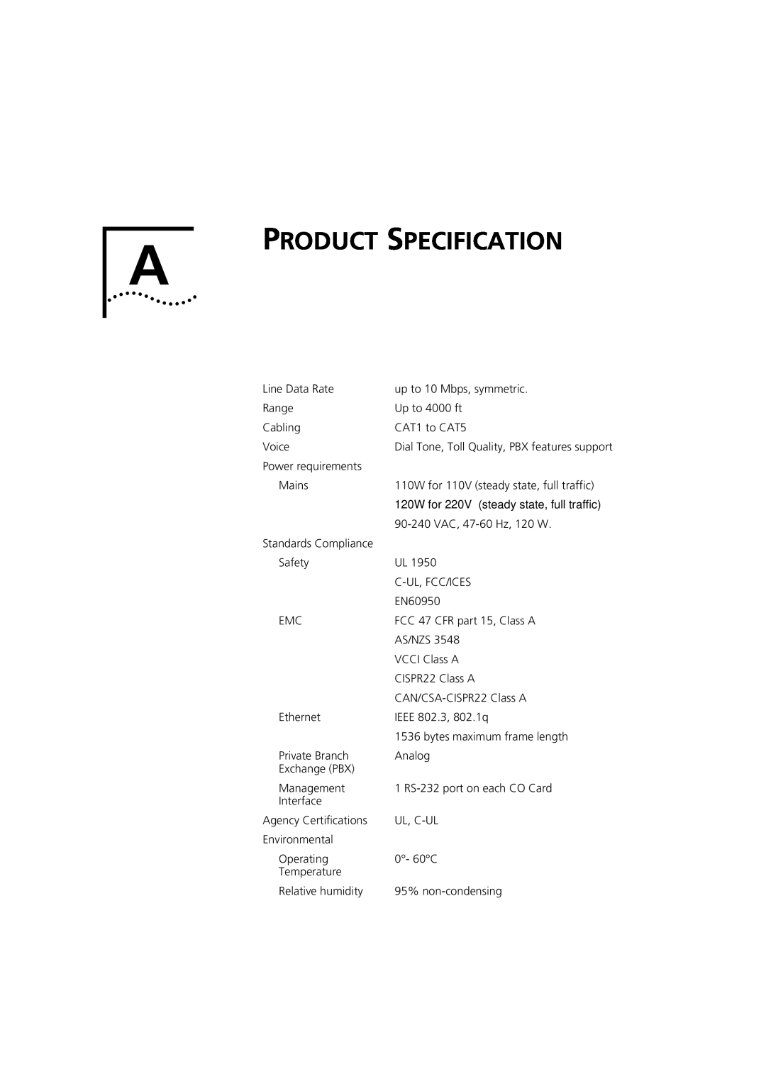 3Com DIA3CV1100-02 manual Product Specification 