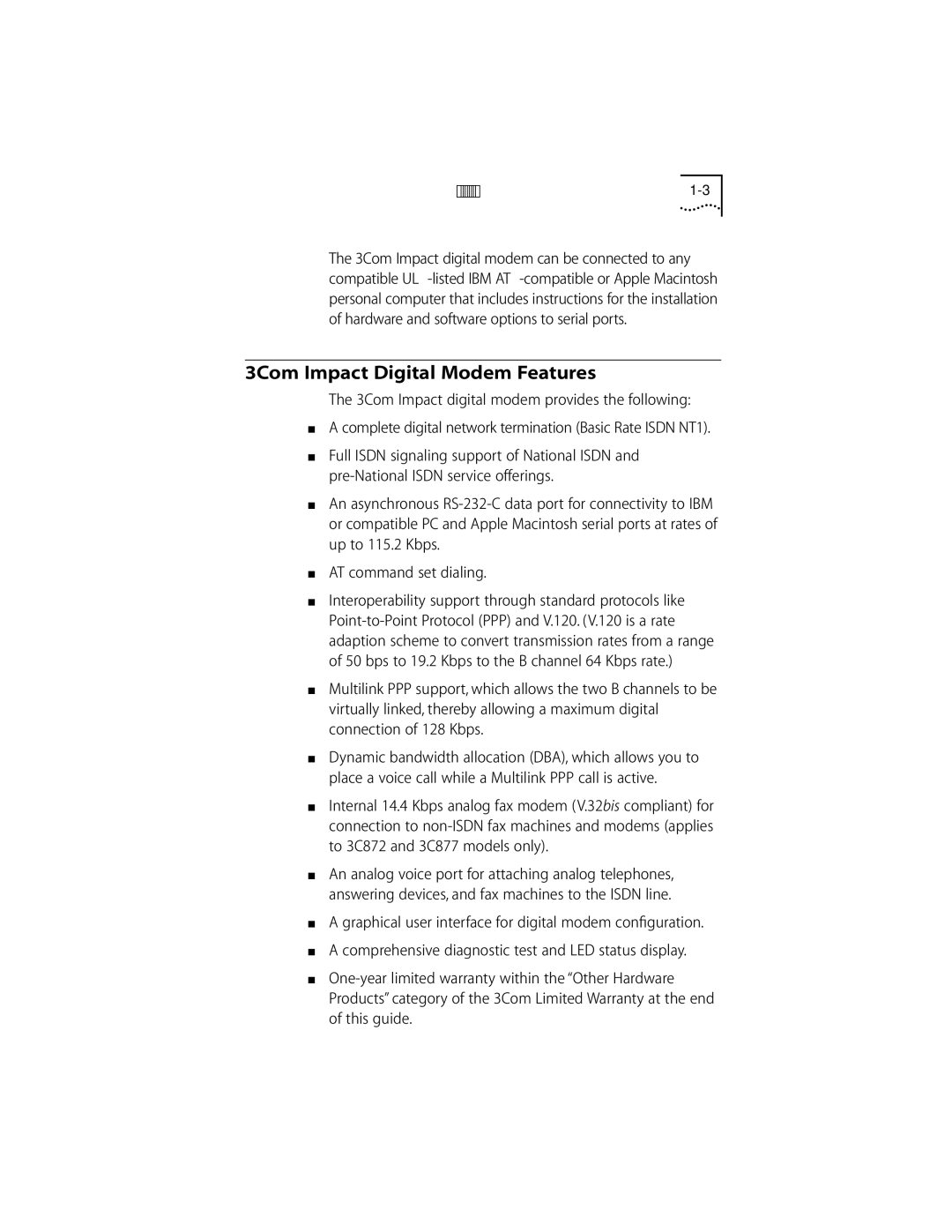 3Com DIGITAL MODEM manual 3Com Impact Digital Modem Features, 3Com Impact digital modem provides the following 