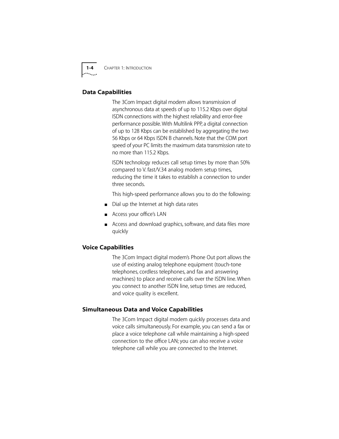 3Com DIGITAL MODEM manual Data Capabilities, Simultaneous Data and Voice Capabilities 