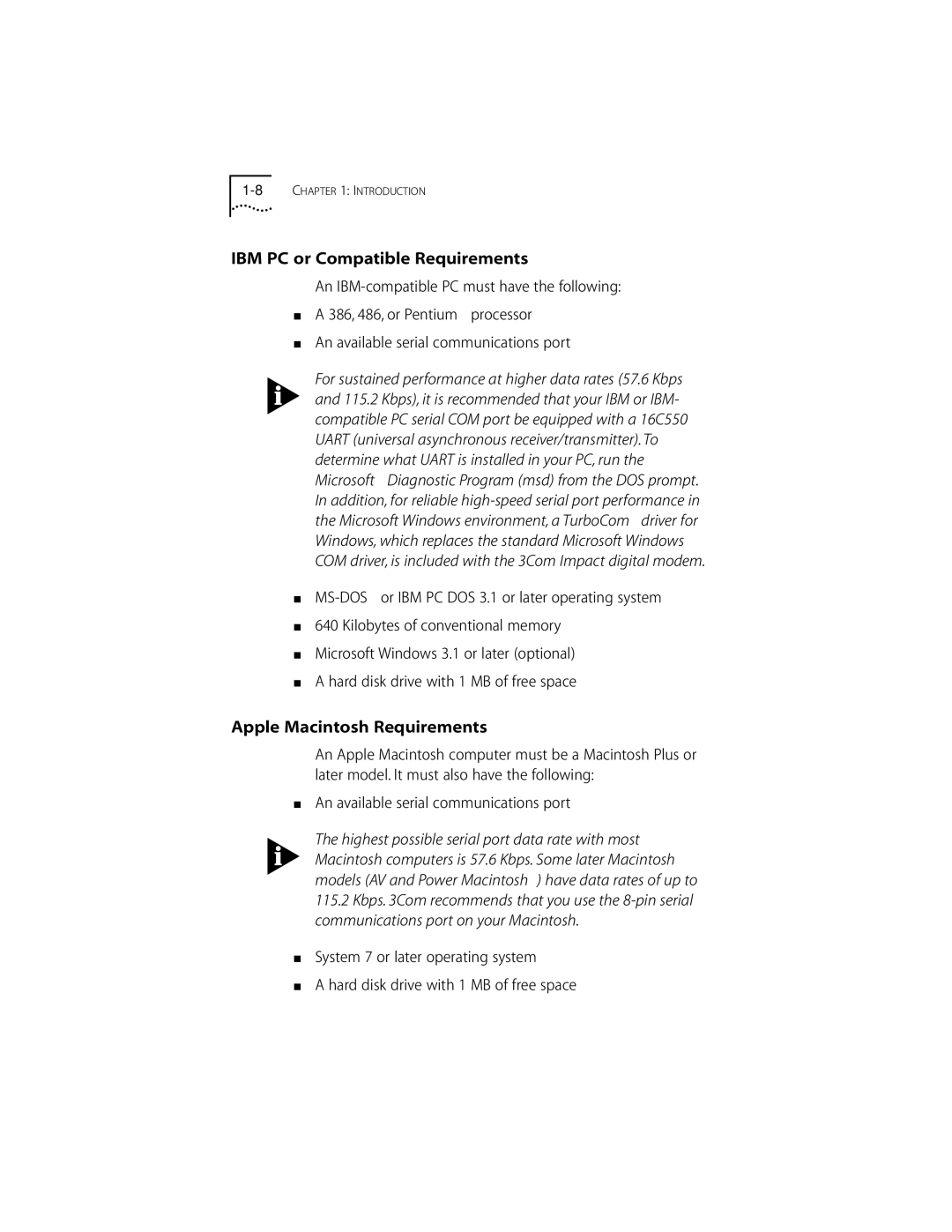 3Com DIGITAL MODEM manual IBM PC or Compatible Requirements, Apple Macintosh Requirements 