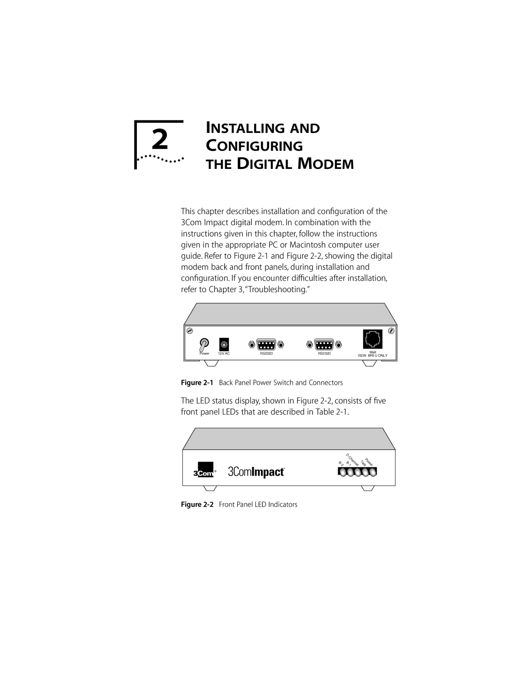 3Com DIGITAL MODEM manual Installing Configuring Digital Modem, Back Panel Power Switch and Connectors 