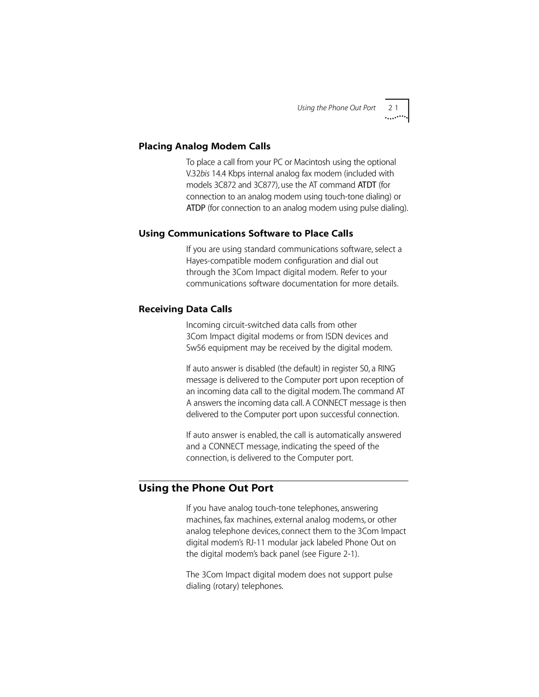 3Com DIGITAL MODEM Using the Phone Out Port, Placing Analog Modem Calls, Using Communications Software to Place Calls 