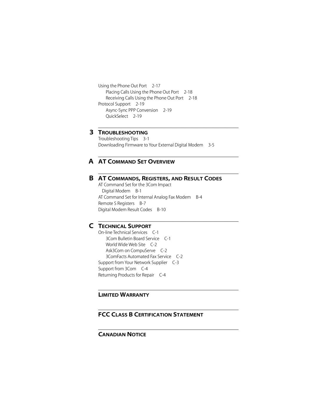 3Com DIGITAL MODEM manual QuickSelect, Support from 3Com C-4 Returning Products for Repair C-4 