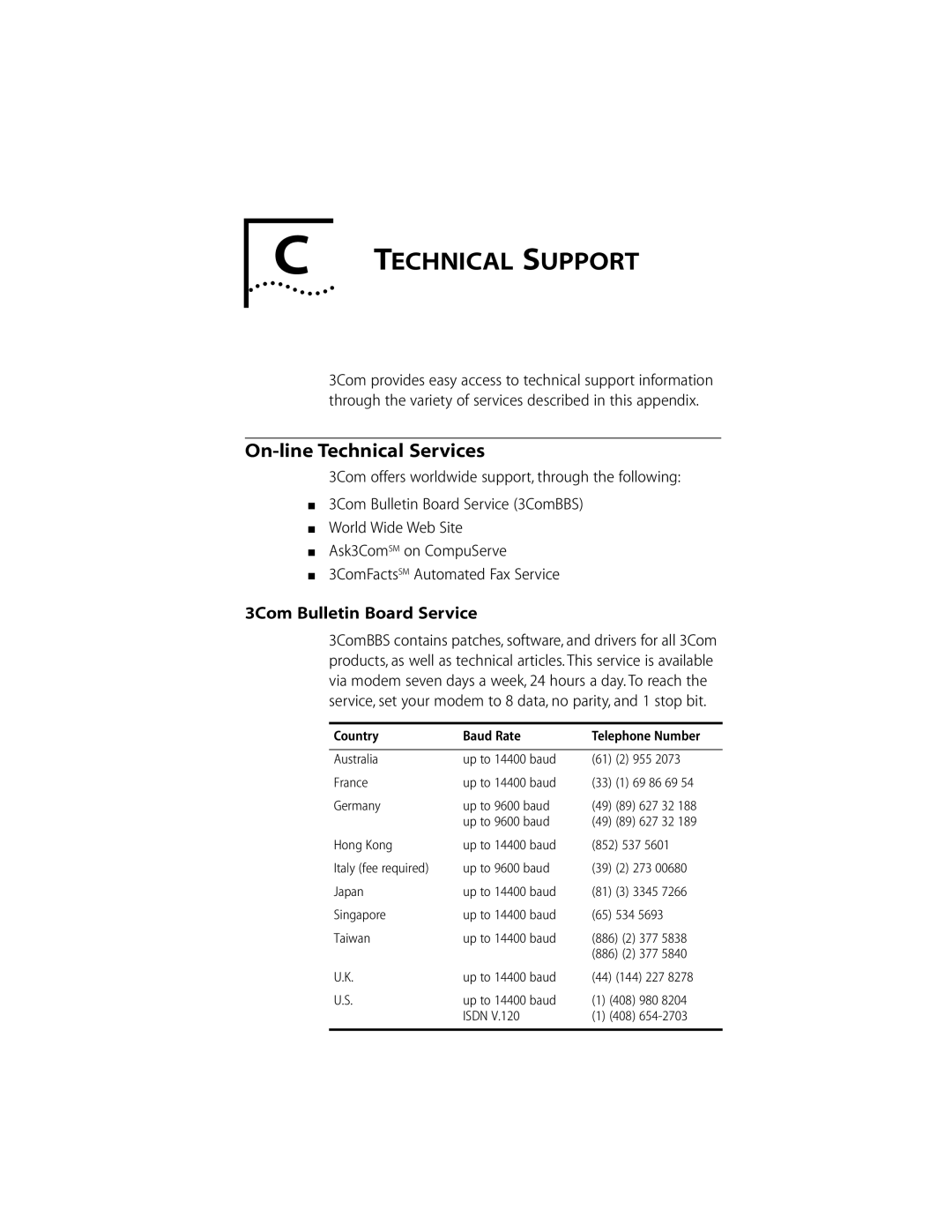 3Com DIGITAL MODEM manual On-line Technical Services, 3Com Bulletin Board Service 