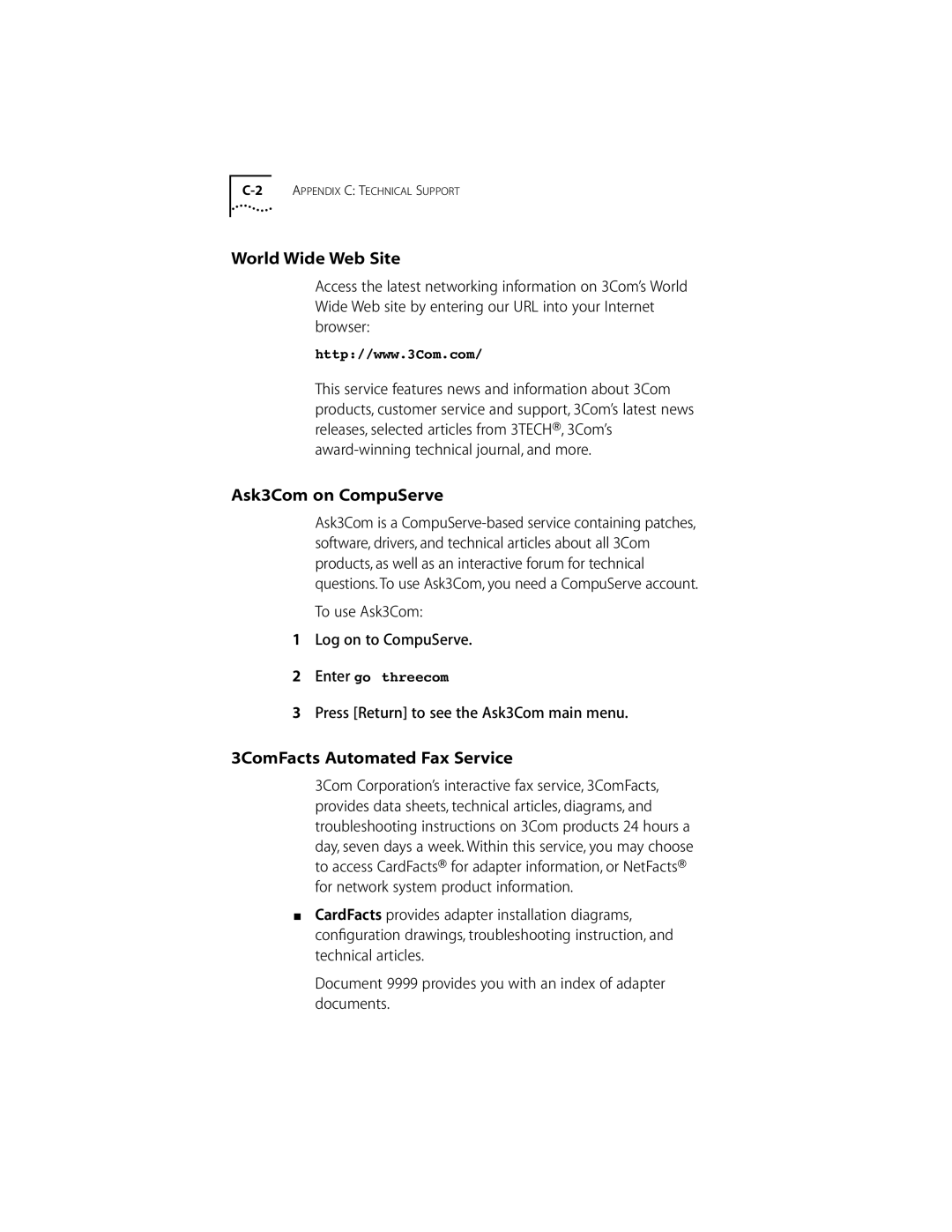 3Com DIGITAL MODEM manual World Wide Web Site, Ask3Com on CompuServe, 3ComFacts Automated Fax Service 