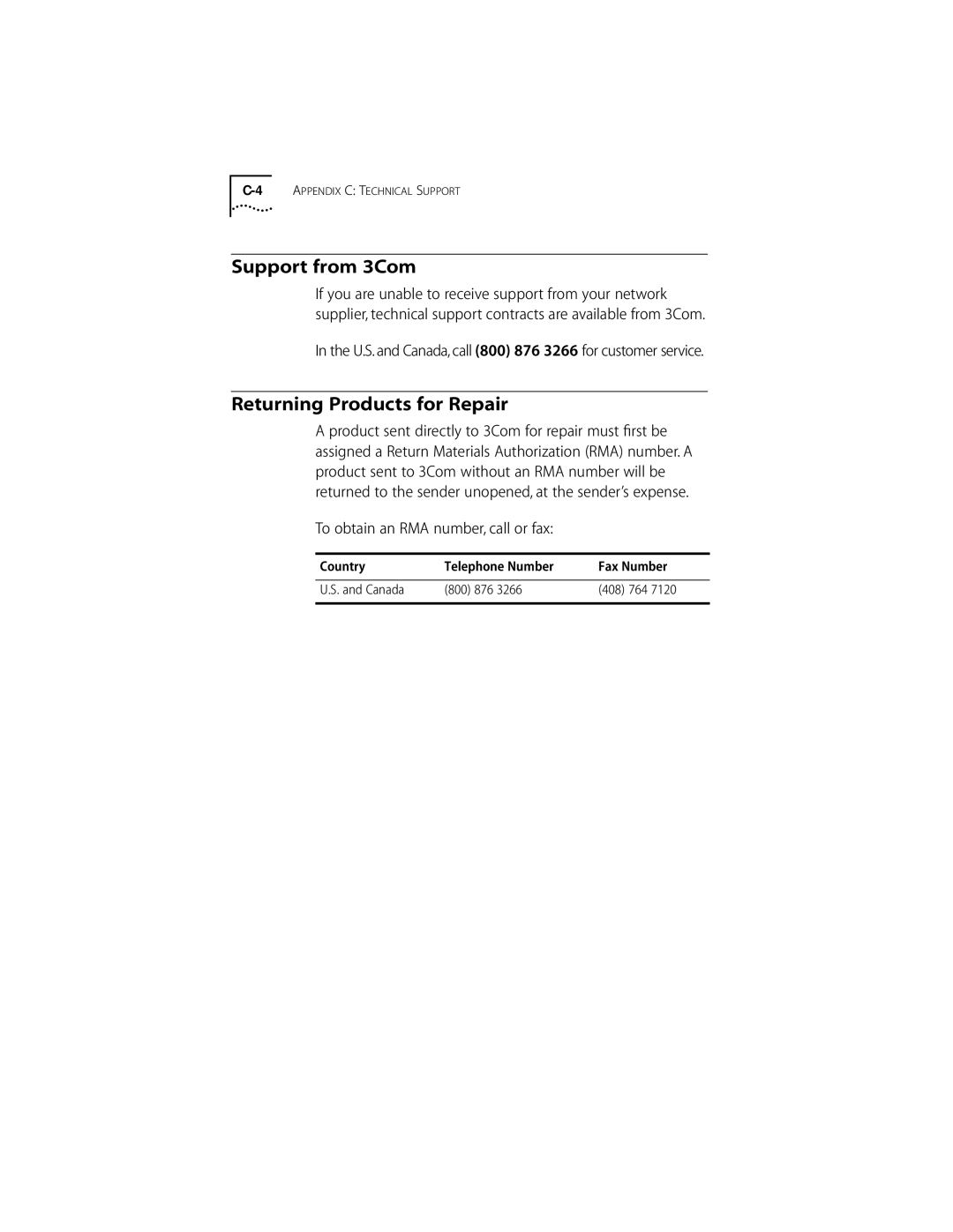 3Com DIGITAL MODEM Support from 3Com, Returning Products for Repair, To obtain an RMA number, call or fax, 800 876 408 764 