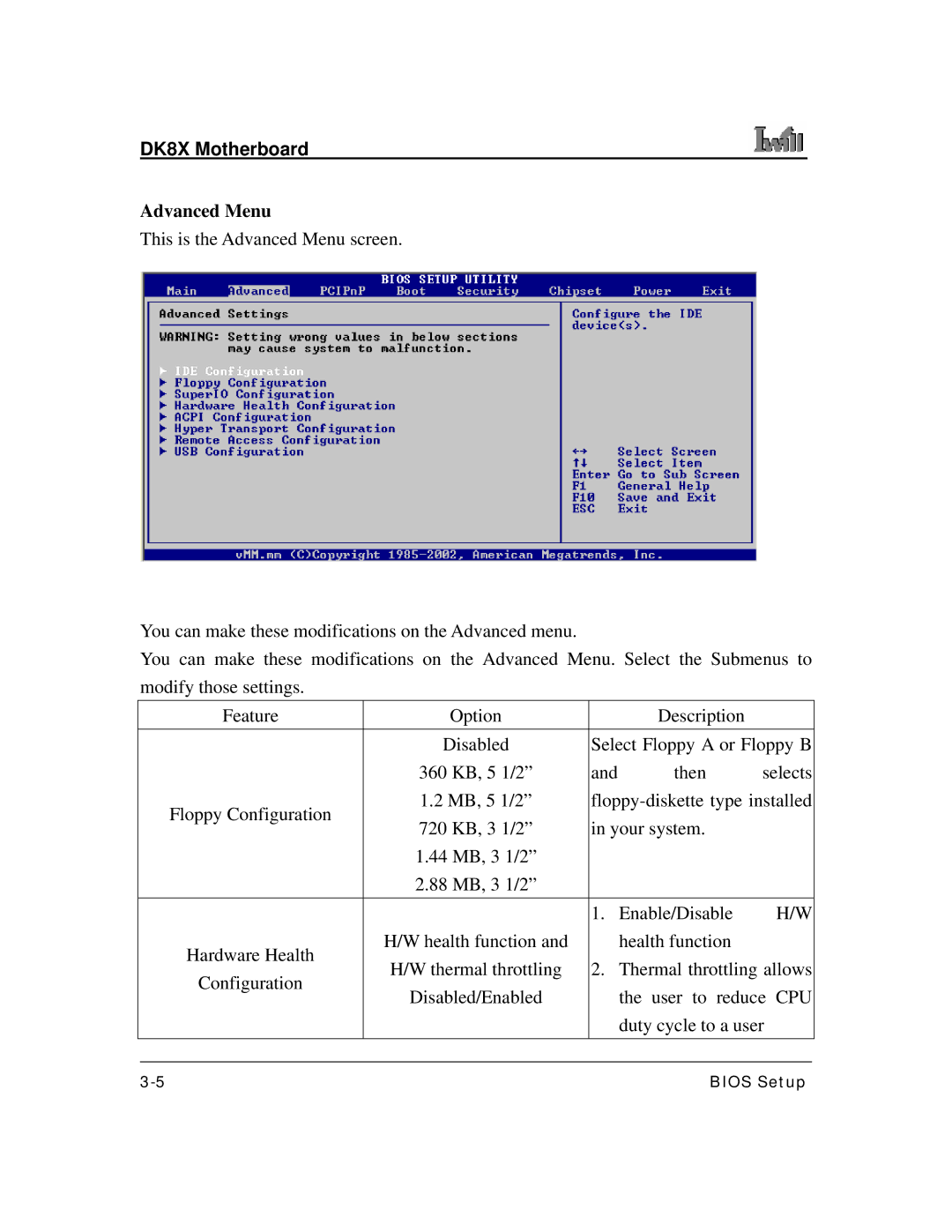 3Com DK8X user manual Advanced Menu 