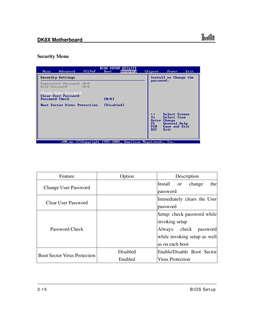 3Com DK8X user manual Security Menu 