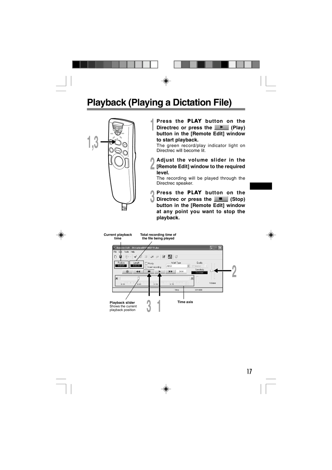 3Com DR-1000 manual Playback Playing a Dictation File, Press the Play button on, Adjust the volume slider, Level 