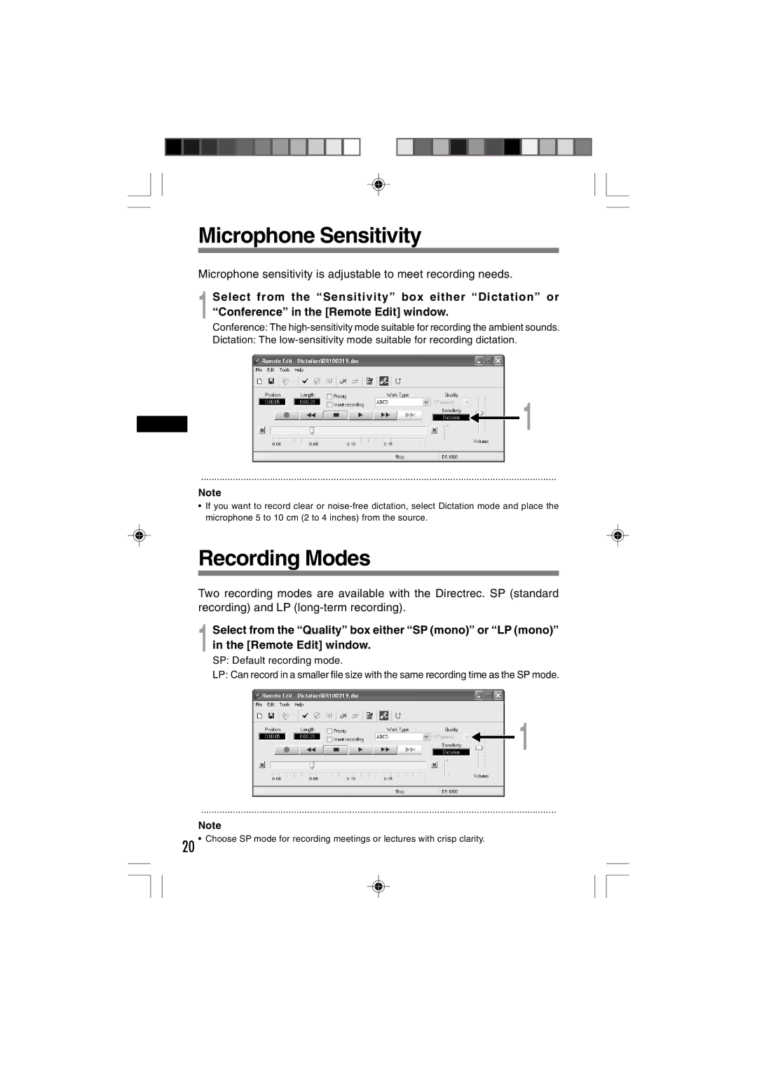 3Com DR-1000 manual Microphone Sensitivity, Recording Modes 