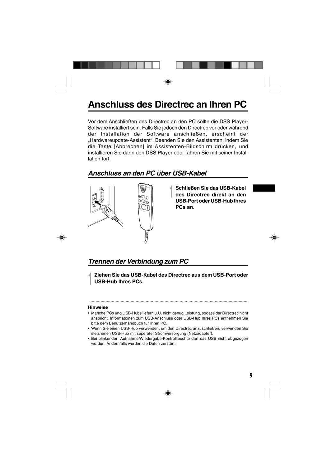 3Com DR-1000 manual Anschluss des Directrec an Ihren PC, Anschluss an den PC über USB-Kabel, Trennen der Verbindung zum PC 