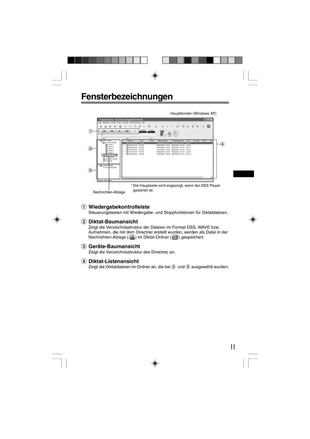 3Com DR-1000 manual Fensterbezeichnungen, Diktat-Baumansicht 