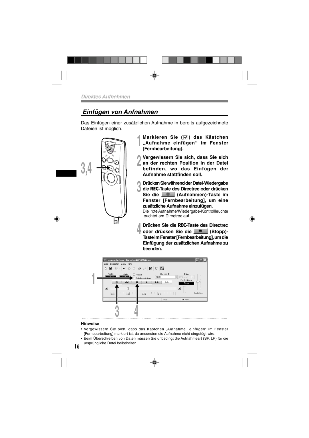 3Com DR-1000 manual Einfügen von Anfnahmen 